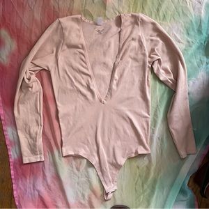 Urban Outfitters Out From Under Josie Baby Pink V-Neck Long Sleeve Bodysuit